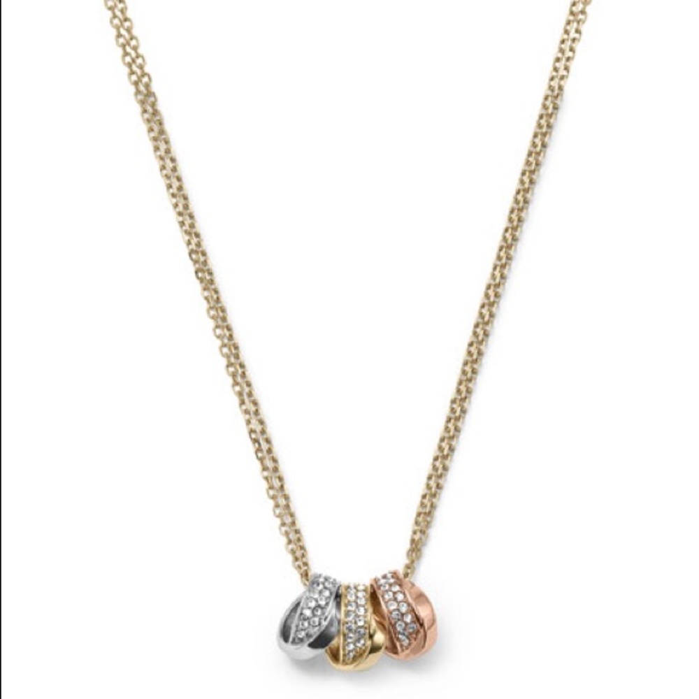 MK Tri Tone 3 Ring Crystal Pave Pendant Necklace